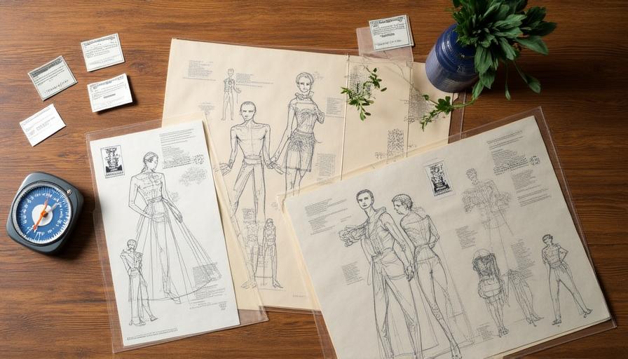 Bocetos de moda detallados junto a un sello oficial de registro de patentes y marcas